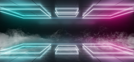 Purple Pink Blue Smoke Sci Fi Modern Futuristic Dark Black Room With Reflections And Different...