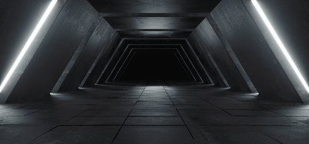 Alien Sci Fi Modern Futuristic Minimalist Empty Dark Concrete Corridor Tunnel With White Glow Light...