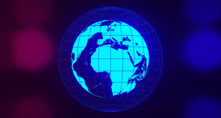 Blue Glowing World Map On Blurry Background With Floor Reflection.3D Rendering