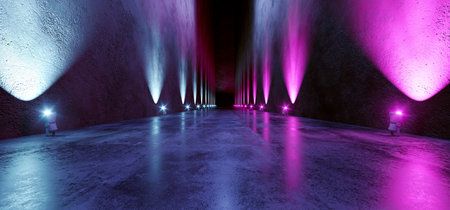 Sci Fi Futuristic Neon Background Big Huge Dark Empty Grunge Concrete Long Hall Gallery Room Tunnel...