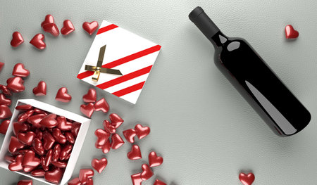 3D Rendering  Of Red Wine Bottle With Bunch Of Red Hearts On Leather Surface St.Valentine`s Dayの写真素材