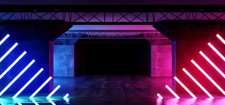 Sci Fi Neon Glowing Purple Blue Vibrant Virtual Reality Cyber Laser Show Stage Long Concrete Tunnel...