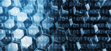 3D Rendering Of Abstract Binary Code On Hexagon Backgroundの写真素材