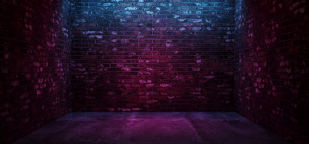 Dark Retro Neon Glowing Purple Pink Red Blue Grunge Brick Concrete Room Space For Text Elegant Background Club Lights 3D Rendering Illustrationの写真素材