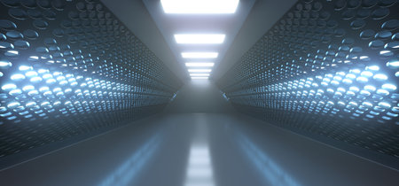 3D Rendering Of Realistic Empty White Corridor With Grid Mesh Walls And Lightsの写真素材