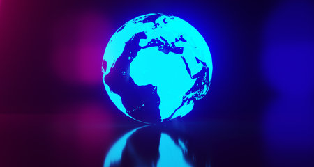 Blue Glowing World Globe Map On Blurry Colored Background.3D Renderingの写真素材