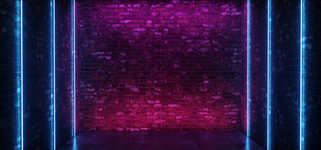 Dark Sci Fi Modern Futuristic Empty Grunge Brick Wall Room  Purple Blue Pink glowing Lights Concrete Floor Neon Vertical Line Light Shapes Empty Space 3D Rendering Illustrationの写真素材