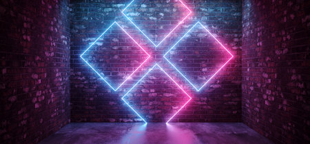 Sci Fi Futuristic Retro Modern Elegant Abstract Rectangle Crossed Neon Shapes Glowing Purple Blue Pink On Grunge Brick Wall Club Stage Concrete Floor 3D Rendering Illustrationの写真素材