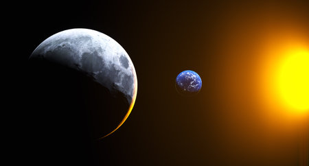 3D Rendering Of Realistic View From The Moon To The Earth With Sun Shine