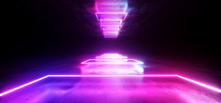 Stage Neon Construction Laser Show Glowing Purple Blue Lights Vibrant Reflective Dark Concrete...