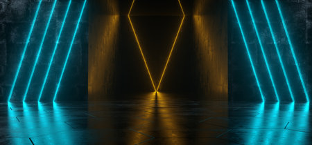 Dark Neon Background Sci Fi Modern Futuristic Grunge Concrete Room Vertical Purple  Ice Blue Glowing Light Tubes Lasers Empty Space For Text And Reflections 3D Rendering Illustrationの写真素材