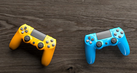 3D Rendering Of Realistic Gaming Joysticks On Wooden Background Top Viewの写真素材