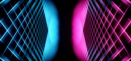 Psychedelic Abstract Futuristic Neon Fluorescent Sci Fi Vibrant Purple Blue Glow Laser Showcase Stage Dark Room Retro Modern Virtual Background Spaceship Corridor Tunnel Shapes 3D Rendering Illustrationの写真素材