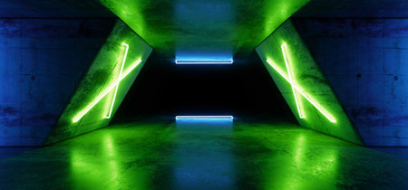 Futuristic Sci Fi Modern Realistic Neon Glowing Green Pantone Blue Led Laser Light Tubes In Grunge Rough Concrete Reflective Dark Empty Tunnel Corridor Background 3D Rendering Illustrationの写真素材