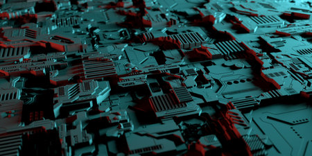 Abstract High Detailed Metal Electonic Board Plate Technology Concept Background Wallpaper With Red...