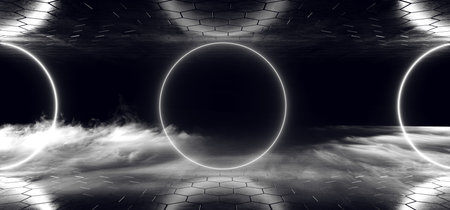 Dark White Glowing Smoke Fog Empty Sci Fi Modern Futuristic Grunge Reflective Concrete Room With...