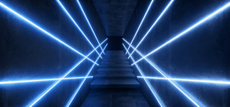 Night Retro Dance Club Neon Lights Empty Space Dark Stairs Sci Fi Modern Futuristic Laser Rays Glowing Pantone Blue Background 3D Rendering Illustrationの写真素材