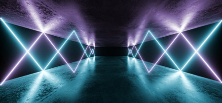 Spaceship Stage Futuristic Sci Fi Neon Glowing Purple Blue Laser Chaotic Abstract Virtual...