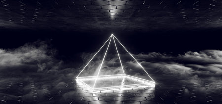 Dark White Glowing Smoke Fog Empty Sci Fi Modern Futuristic Grunge Reflective Concrete Room With Pyramid Shaped Neon Led Laser Shape Empty Space 3D Rendering Illustrationの写真素材