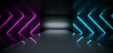 Modern Futuristic Sci Fi Dark Grunge Concrete Room With Purple And Blue Glowing Laser Neon Tube Lights On Empty Reflective Stage Background For Text 3D Rendering Illustrationの写真素材