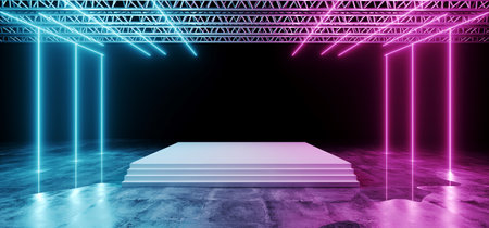 Dark Futuristic Sci-Fi Modern Stage Construction And White Floor With Stairs With Purple And Blue Glowing Neon Lights With Concrete Floor With Water And Reflections Club Concept 3D Rendering Illustrationの写真素材