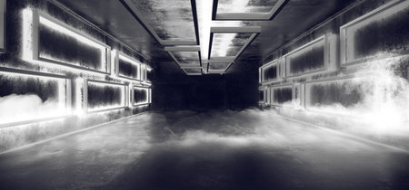 Alien Sci Fi Futuristic Modern Gallery Empty Grunge Concrete White Glowing Room With Fog And Smoke With Rectangular Shapes Dark Background 3D Rendering Illustrationの写真素材