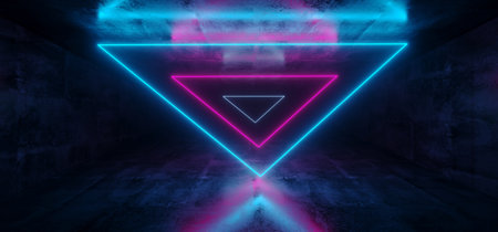 Sci-Fi Futuristic Abstract Gradient Blue Purple Pink Neon Glowing Triangle Shaped Tubes On...