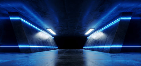 Neon Glowing Retro Futuristic Sci Fi Dance Fluorescent Luxurious Luminous  Lines Blue Lights In Empty Dark Stage Alien Corridor Tunnel Grunge Concrete 3D Rendering Illustrationの写真素材