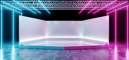 Elegant White Modern Reflective Empty Stage On Concrete Floor With Neon Glowing Purple And Blue...
