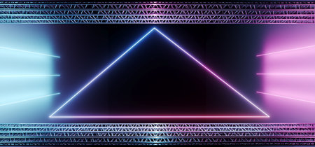 Elegant Sci Fi Modern Futuristic Stage Metal Construction Pipes With Neon Glowing Purple And Blue...