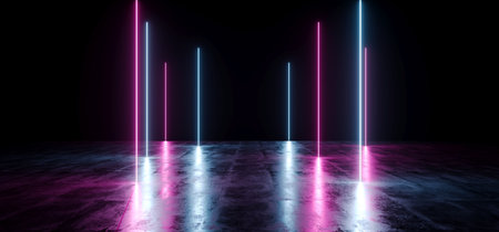 Dark Empty Black Neon Glowing Laser Fluorescent Virtual Reality Purple Blue Vibrant Lights On Grunge...