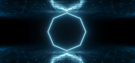 Futuristic Sci-Fi Blue Glowing Neon Tube Octagon Shaped Lights In Dark Room With Hexagon Shaped Floor And Ceiling With Empty Space Wallpaper 3D Rendering Illustrationの写真素材