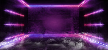Smoke Fog Dark Empty Virtual Vibrant Fluorescent Neon Glowing Purple Blue Vertical Horizontal Line...