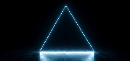 Elegant Triangle Shaped Neon Fluorescent Retro Laser Led Show Stage Vibrant Blue Glowing Lights In Underground Hall Grunge Concrete Glossy Cement Garage Tunnel 3D Rendering Illustrationの写真素材