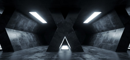 Triangle Cross Shaped Grunge Concrete Sci Fi Futuristic Elegant Empty Dark Reflective Big Hall Scene Alien Ship Room Tunnel Corridor Glowing Studio Lights 3D Rendering Illustrationの写真素材
