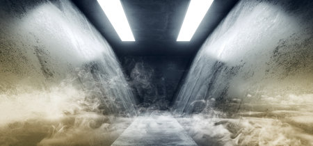 Smoke Triangle Shaped Grunge Concrete Sci Fi Futuristic Neon Blue White Elegant Empty Dark...