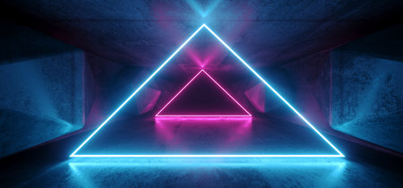Neon Glowing Psychedelic Vibrant Cosmic Ultraviolet Fluorescent Luxurious Luminous Sci Fi Futuristic Retro  Triangle Lights Purple Blue Grunge Concrete Tunnel 3D Rendering Illustrationの写真素材