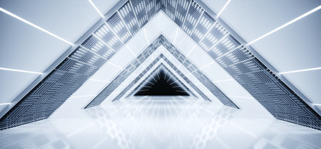 Futuristic Sci-Fi Interior Ship Empty Triangle Shaped Multiple Lighted Corridor With Reflective...