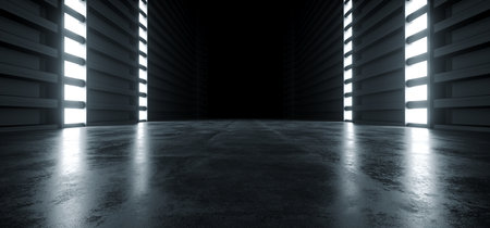 Futuristic Modern Sci Fi Concrete Hallway Corridor Tunnel Warehouse Underground Garage Grunge Dark Empty Reflection Showcase Stage White Blue Glow Spaceship 3D Rendering Illustrationの写真素材