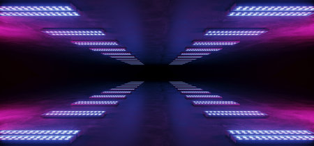 Sci Fi Cyber Futuristic Alien Ship Dance Light Neon Glowing Purple Pink Blue Laser Lights Led On Dark Grunge Concrete Floor Tunnel Corridor Empty Background 3D Rendering Illustrationの写真素材