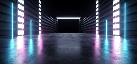 Neon Purple Blue Glowing Futuristic Modern Sci Fi Concrete Hallway Corridor Tunnel Warehouse Underground Garage Grunge Dark Empty Reflection Showcase Stage Laser Spaceship 3D Rendering Illustrationの写真素材
