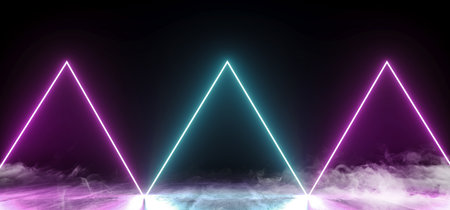Smoke Neon Dark Grunge Concrete Background Asphalt Optical Illusion Fluorescent Purple Blue Vibrant Glowing Empty Space Sci Fi Futuristic Spaceship Stage 3D Rendering Illsutrationの写真素材