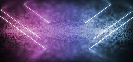 Neon Light Lines Triangle Laser Purple Blue Pantone Glowing Sparkling Tiny Particles Glitter Cloud On Dark Empty Background For Text With Shallow Dof Focus 3D Rendering Illustrationの写真素材