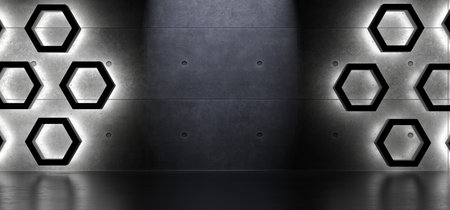 3D Rendering Of Abstract Shapes Hexagon Interior With Soft Light And Reflections Backgroundの写真素材