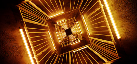 Futuristic Neon Tube Glowing Sci Fi Modern Alien Metal Rectangle Shaped Structure Empty Tunnel Corridor Vibrant Colors Orange Background 3D Rendering Illustrationの写真素材