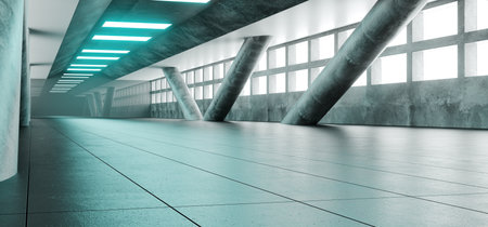 Sci Fi Futuristic Bright Alienship Modern Reflective Corridor Empty Tunnel With Concrete Tiled Floor And Concrete Big Columns And Blue Lights Technology Background Concept 3D Rendering Illustrationの写真素材