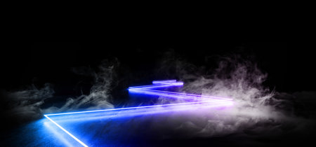 Smoke Future Night Neon Show Vibrant Glow Purple Blue Modern Futuristic Underground Concrete Grunge Floor Reflection Empty Showcase Portal Entrance Path Corridor Tunnel Garage 3D Rendering Illustrationの写真素材