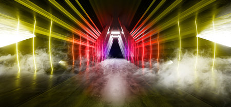 Smoke Futuristic Neon Dark Stage Construction Glow Yellow Red Retro Modern Sci Fi  Future Tunnel...