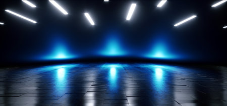 Futuristic Blue Neon Glow Sci Fi  VIbrant Dark Stage Showcase Podium Virtual Reality Empty Reflection Grunge Concrete Laser 3D Rendering Illustrationの写真素材
