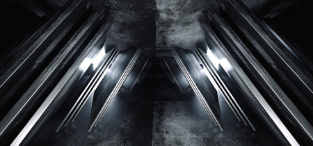 Sci Fi Futuristic Virtual Spaceship Abstract Triangle Shaped Glossy Metal Concrete Grunge Dark Empty...